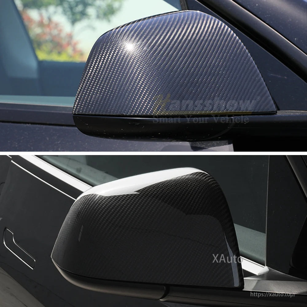 Carbon fiber weave detail on Tesla rearview mirror cover, showing texture and light reflection at different angles