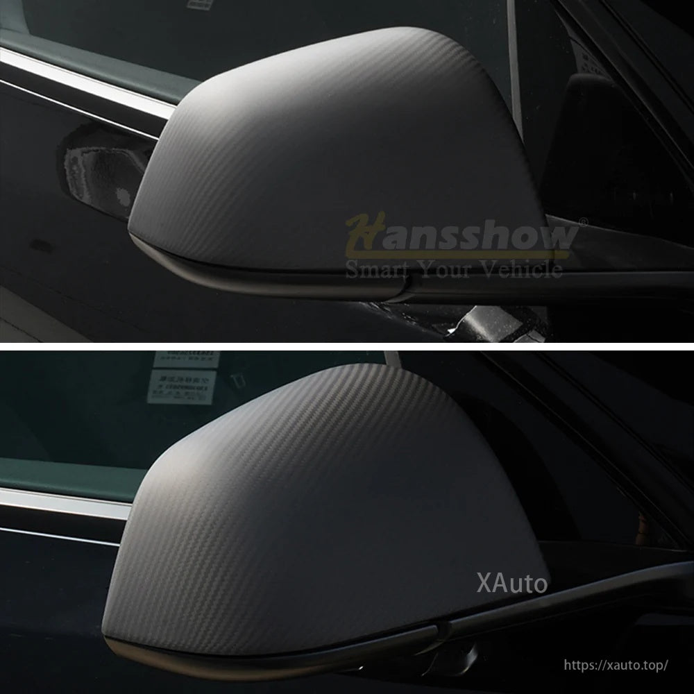 Matte carbon fiber mirror cover installed on Tesla side mirror, low-profile fit along the housing edge