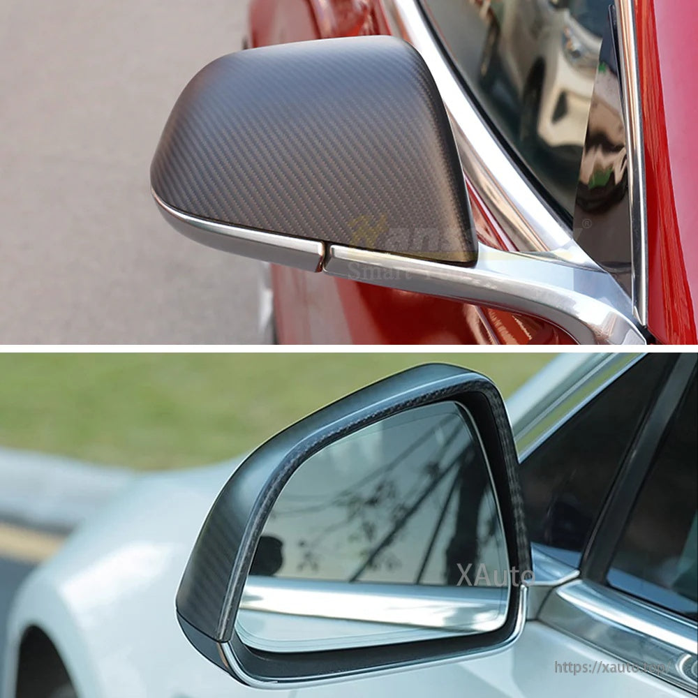 Installed rearview mirror cover on Tesla mirror housing, showing coverage around the outer rim and underside