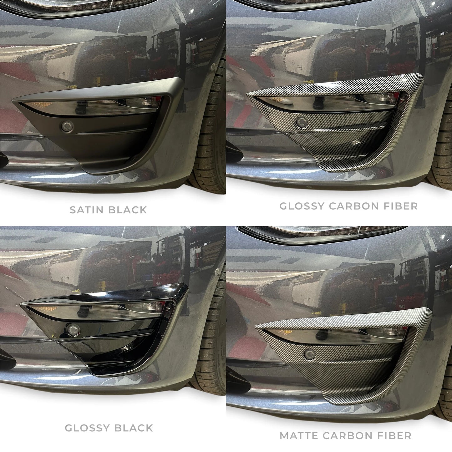 2017–2022 Tesla Model 3 Fog Light Canards (1 Pair) – Black-Out Style ABS Aero Trim | Gloss Black, Satin Black & Carbon Fiber Look