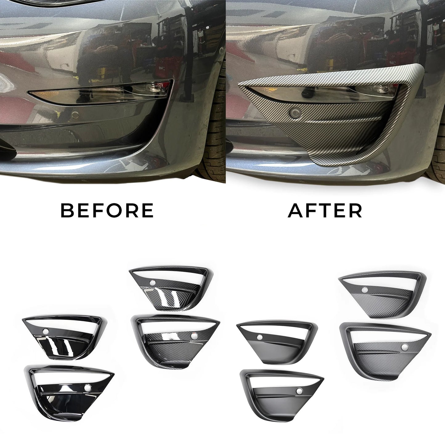 2017–2022 Tesla Model 3 Fog Light Canards (1 Pair) – Black-Out Style ABS Aero Trim | Gloss Black, Satin Black & Carbon Fiber Look