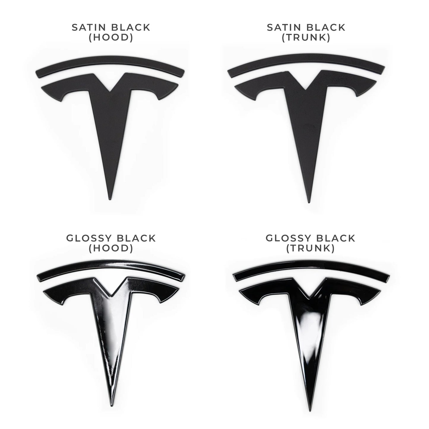 2017–Present Tesla Model 3 & Model Y Replacement Hood “T” Emblem & Rear “TESLA” Trunk Letter Set – Glossy Black or Satin Black | Chrome Delete Badge Upgrade