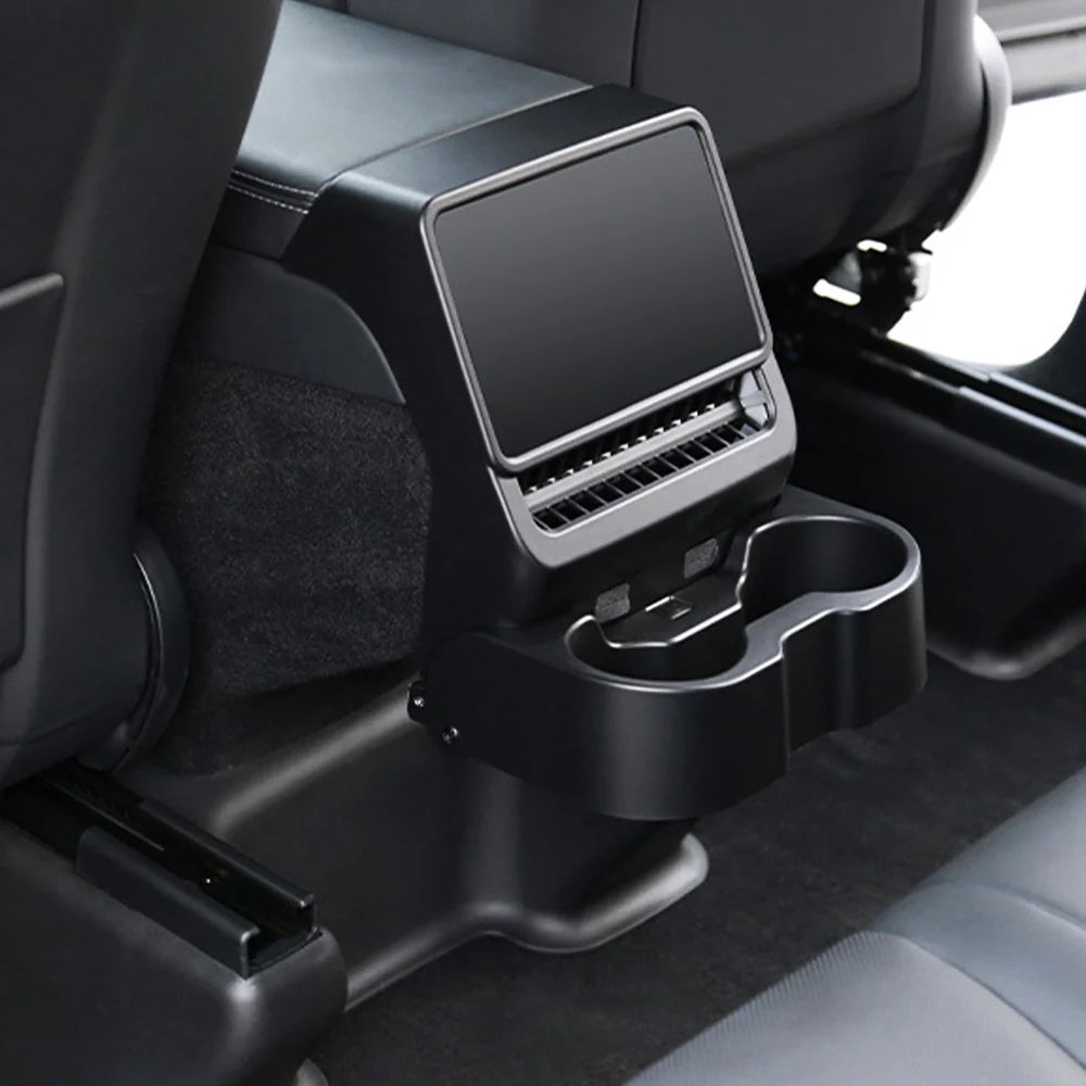 Rear Cup Holder & Center Console Organizer for 2024+ Tesla Model 3 Highland & 2026+ Tesla Model Y Juniper | Vent-Mounted Foldable Storage Tray with Cup Holders, Cable Management & Interior Protection
