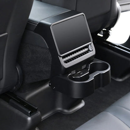 Rear Cup Holder & Center Console Organizer for 2024+ Tesla Model 3 Highland & 2026+ Tesla Model Y Juniper | Vent-Mounted Foldable Storage Tray with Cup Holders, Cable Management & Interior Protection