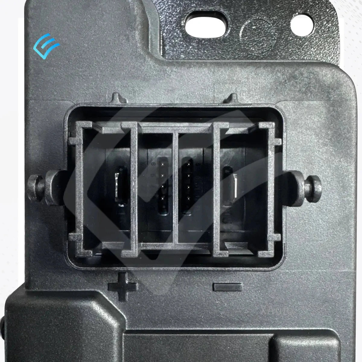 Electrical connector close-up on 48V battery module with + and − polarity markings