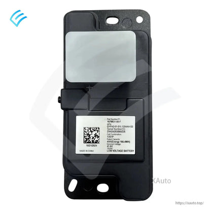 Rear view showing Tesla OEM part label for low-voltage battery, part 1679931-00-F