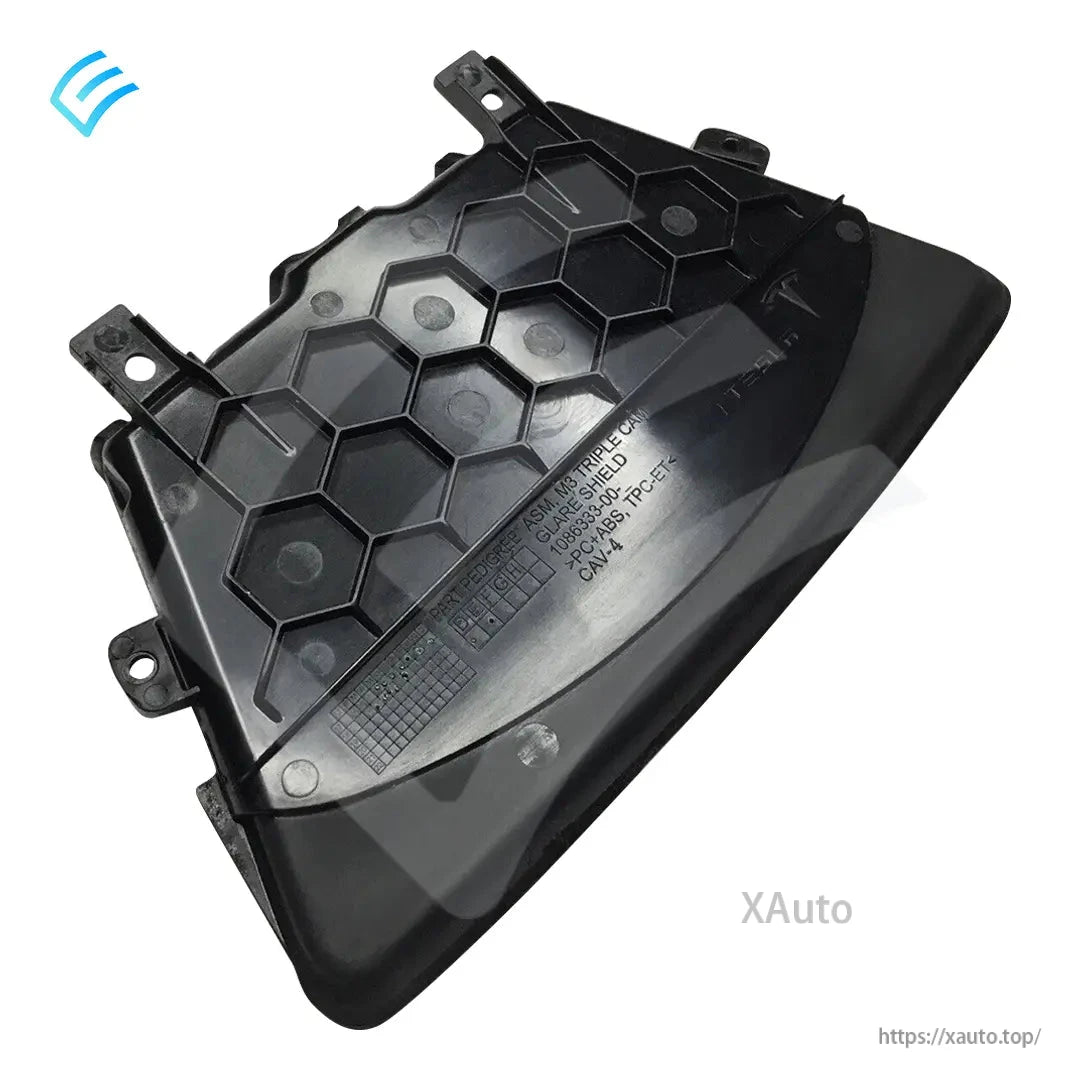 Black rear view mirror glare shield for Tesla Model 3, angled rear view with printed markings