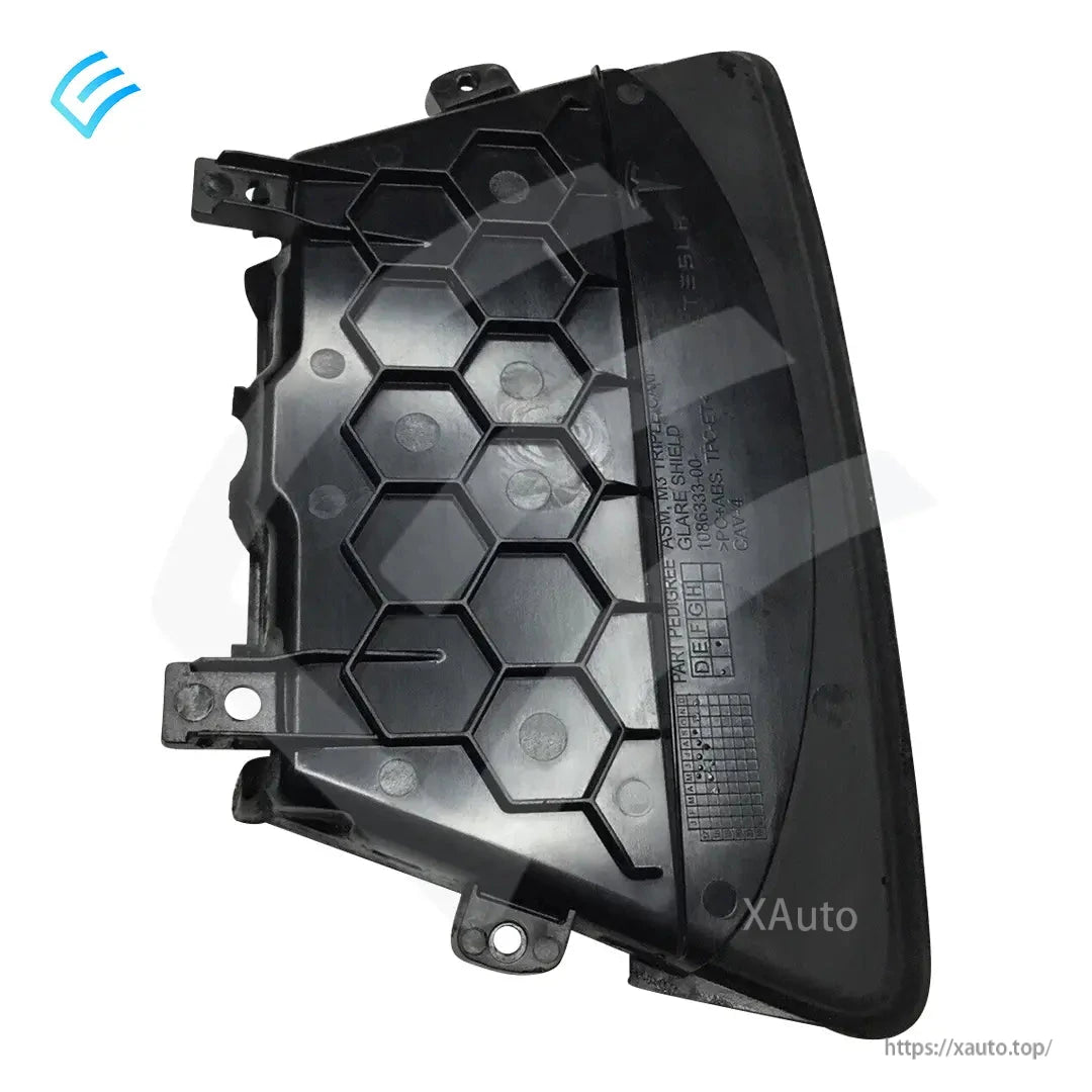 Rear side of Tesla Model 3 mirror glare shield with honeycomb reinforcement and part markings