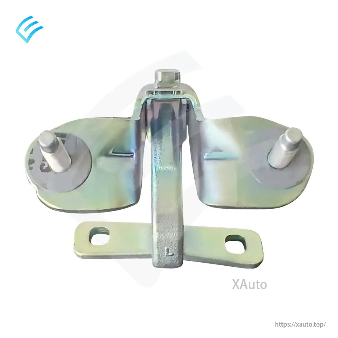 Top-down angle of right-hand hinge bracket showing oval pads, studs, and slotted mounting holes