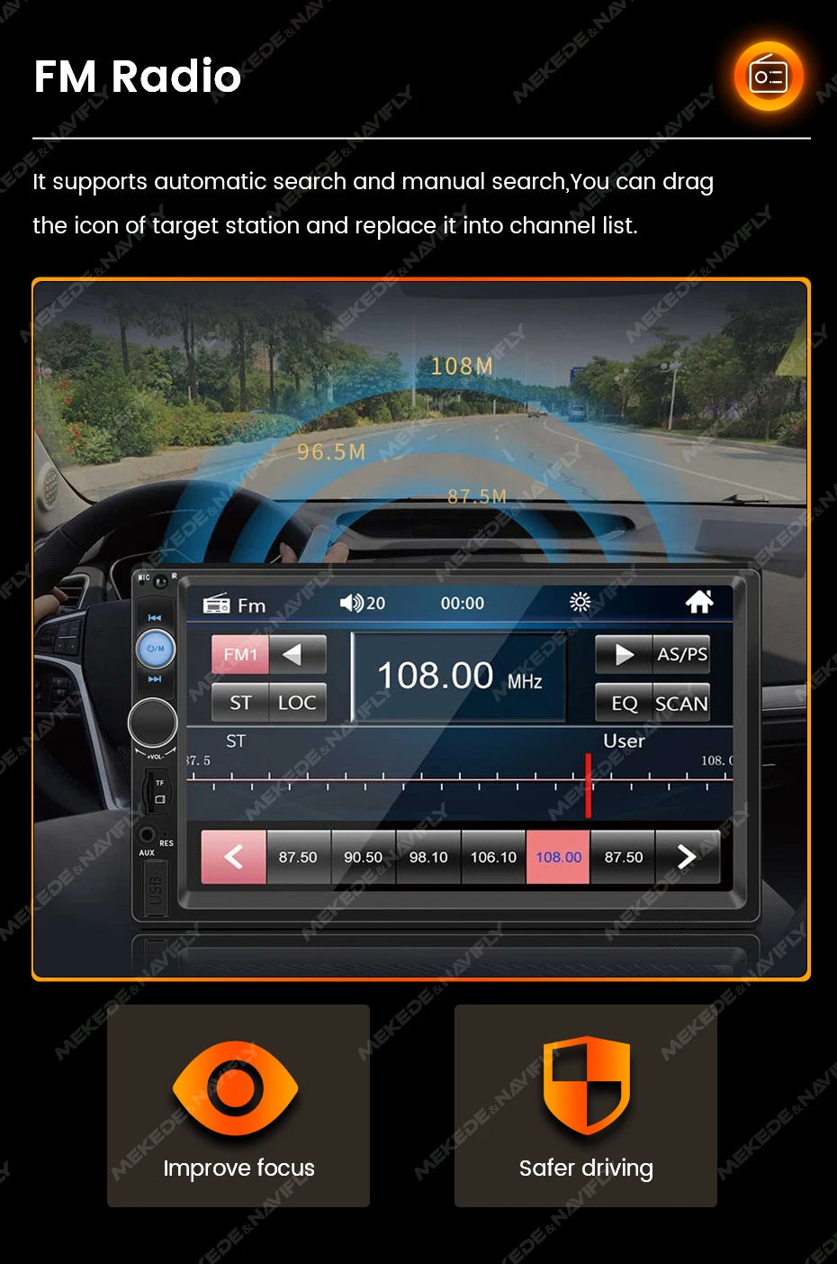 Navifly ND1 Car Radio features FM radio with automatic and manual search, customizable favorite stations, and supports various frequencies.