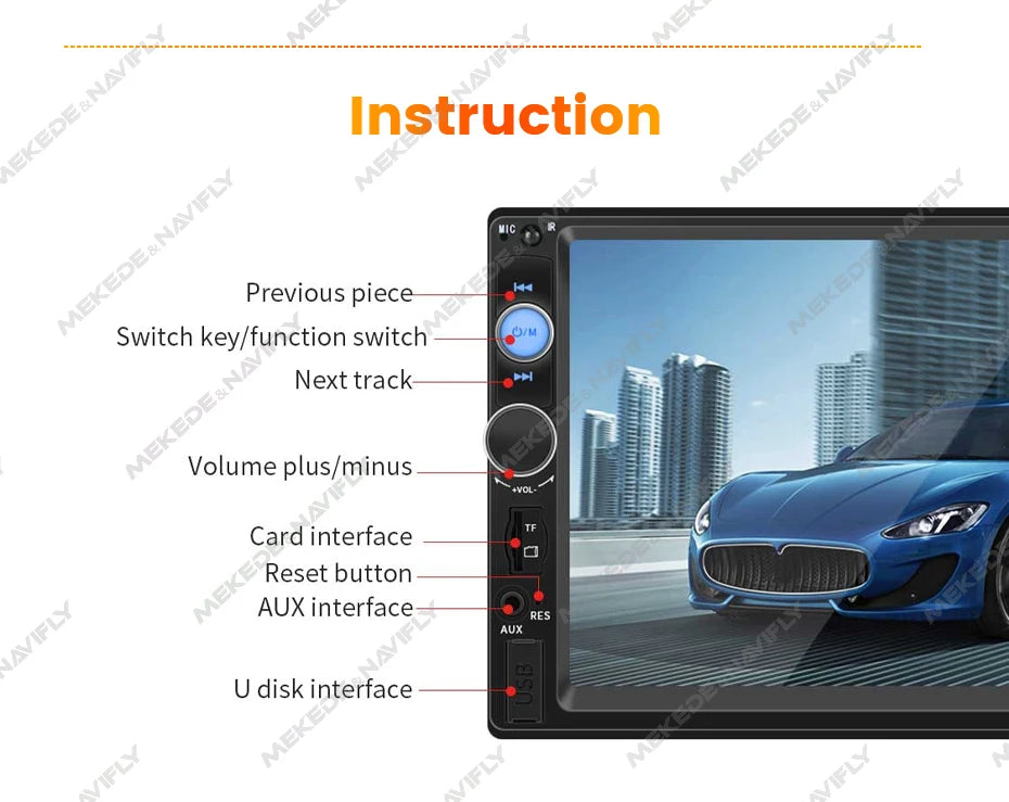 Navifly ND1 Car Radio features previous/next track switch, volume control, card interface, and aux interfaces.