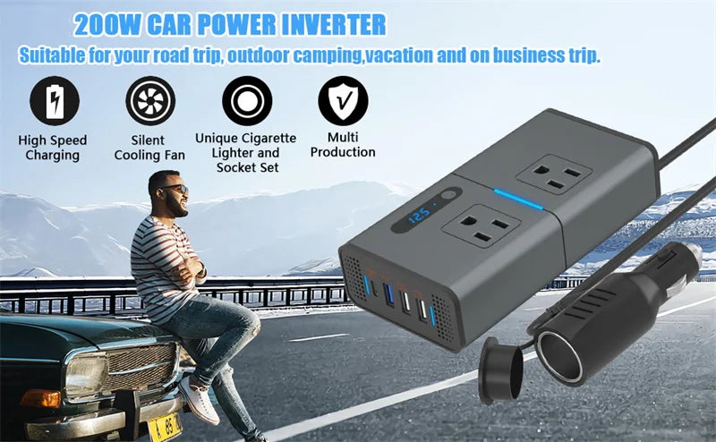 New Car Power Inverter, Car power inverter for road trips, camping, vacations, and business trips with high speed, silent operation, and multi-socket set.