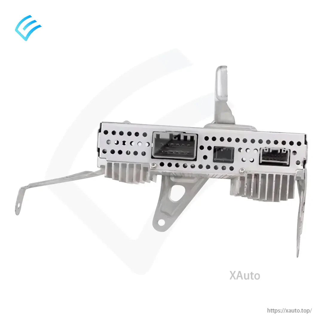 Front connector panel of Tesla audio amplifier with multi-pin ports and perforated metal housing