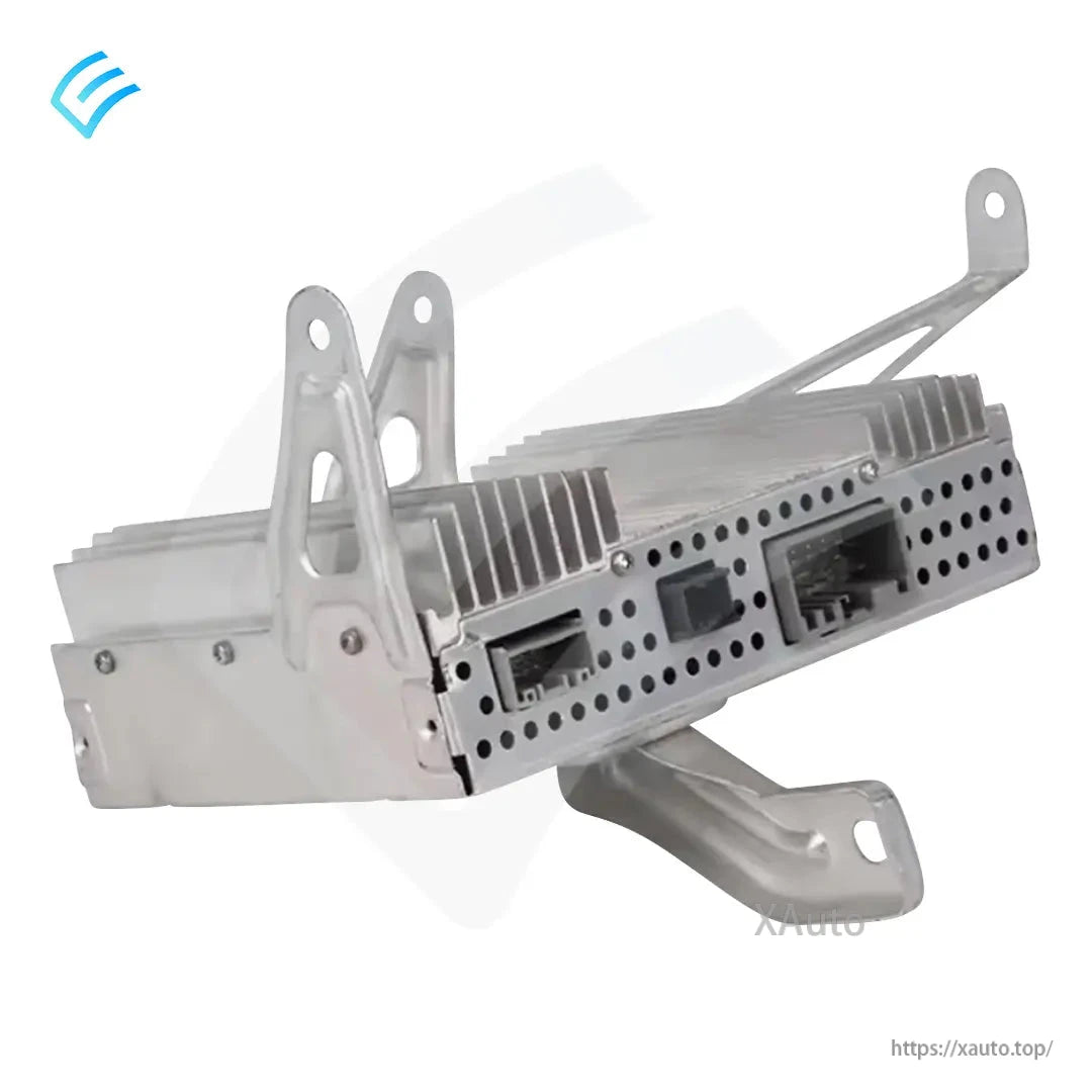 OEM Tesla Model 3 external audio amplifier 1079748-00-F, angled view of connector ports and bracket
