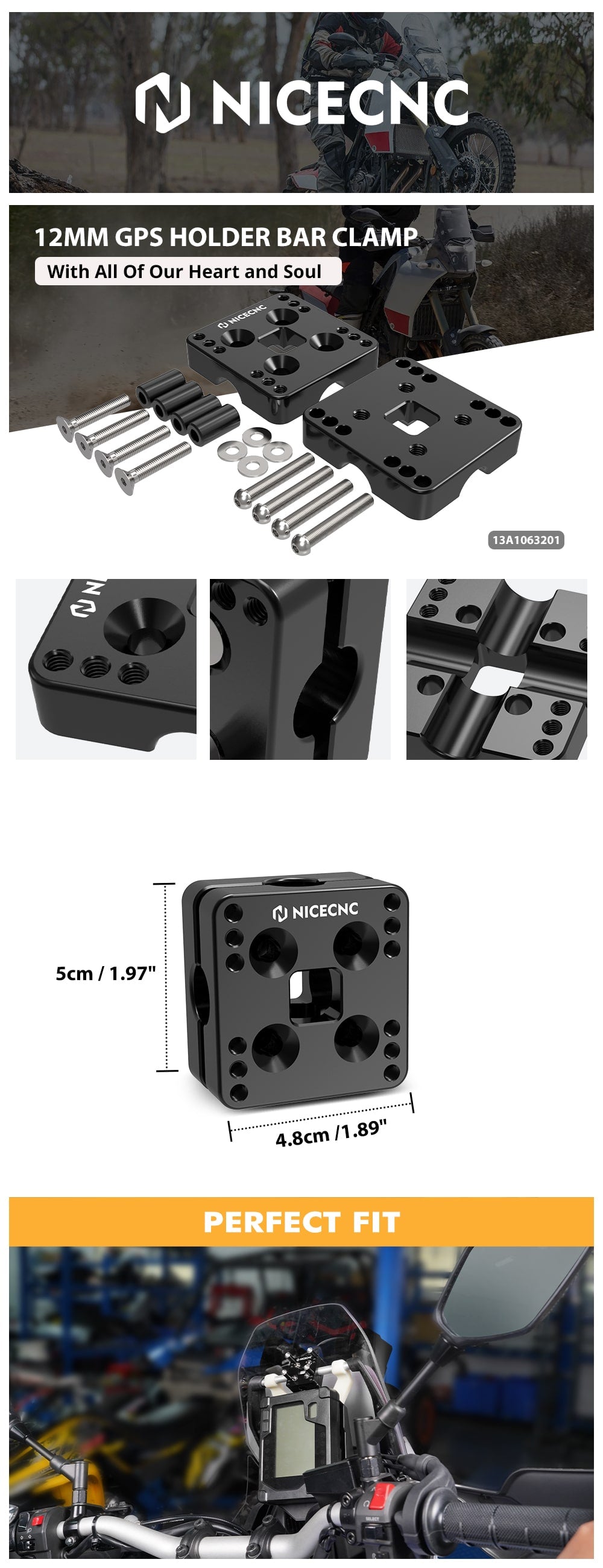 NiceCNC Aprilia Tuareg GPS Holder, The NiceCNC 12mm GPS Holder Bar Clamp is designed for Aprilia Tuareg 660 (2022), providing a secure and viewable GPS device.