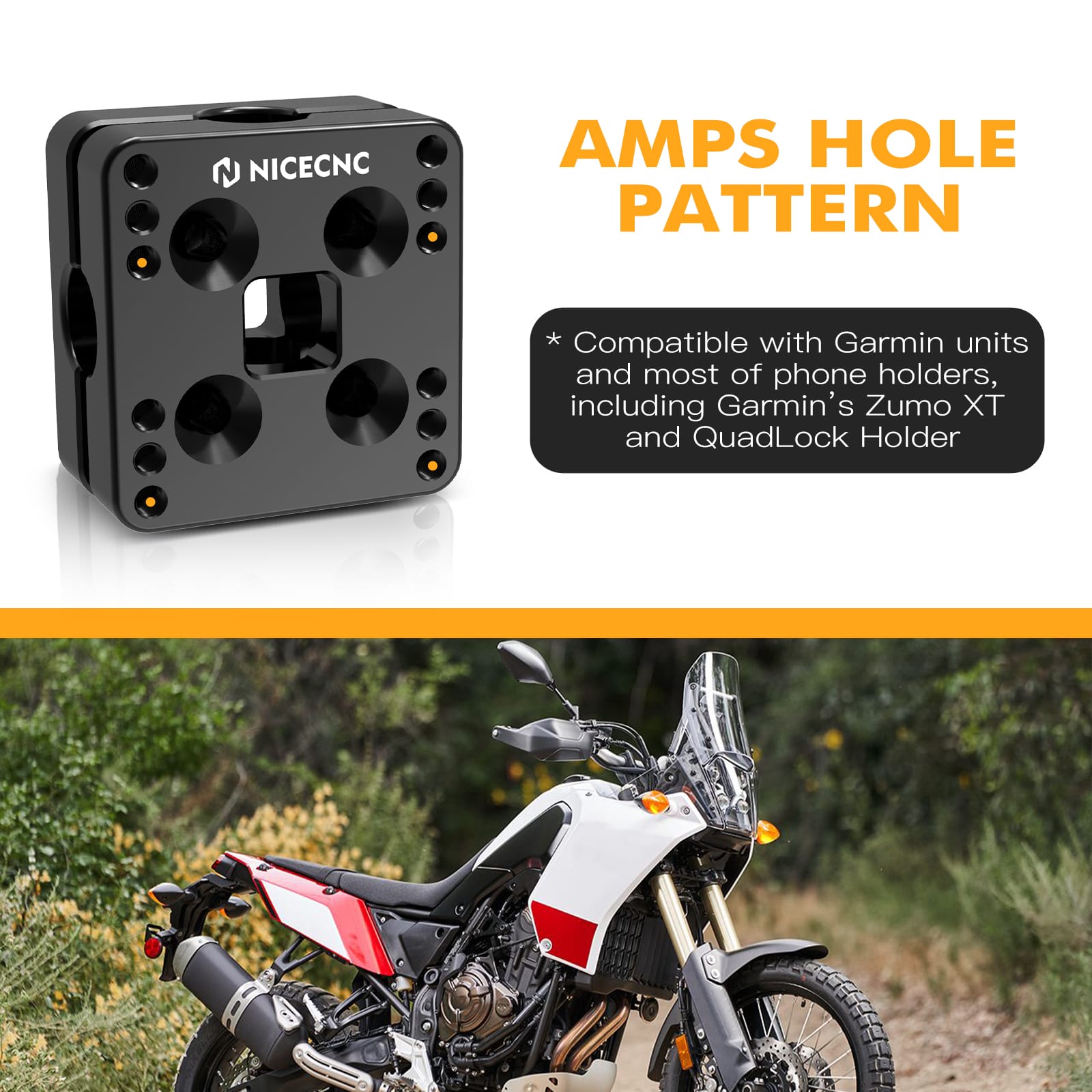 NiceCNC Yamaha Tenere GPS Holder, NICECNC designed a GPS holder bar clamp for Yamaha Tenere 700, compatible with Garmin units and various phone holders.