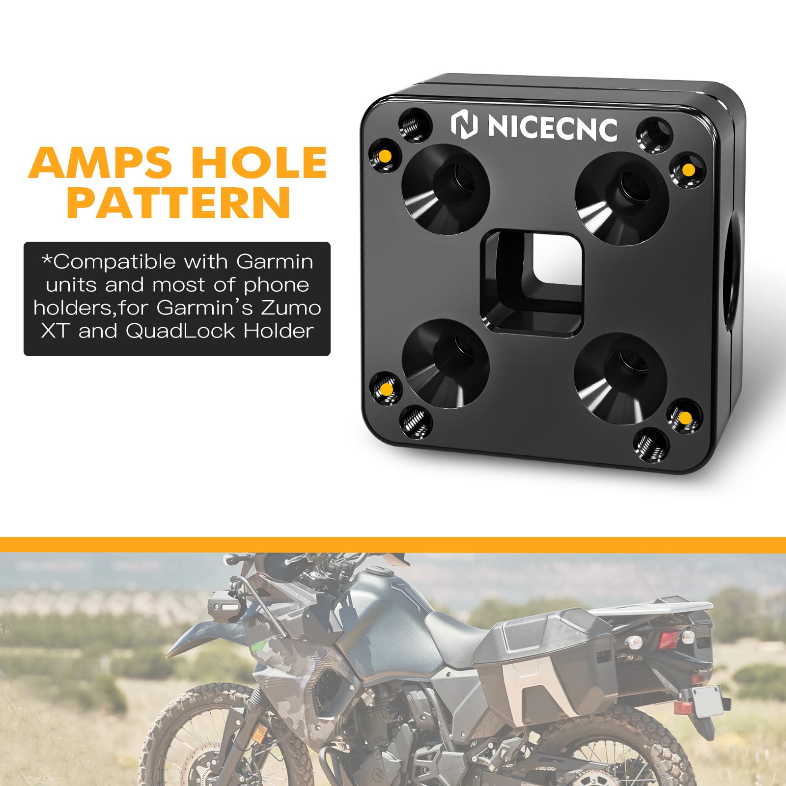 NiceCNC 14MM GPS Holder, GPS holder bar clamp designed for Kawasaki KLR650 (2022-2023) models, compatible with Garmin units and phone holders.