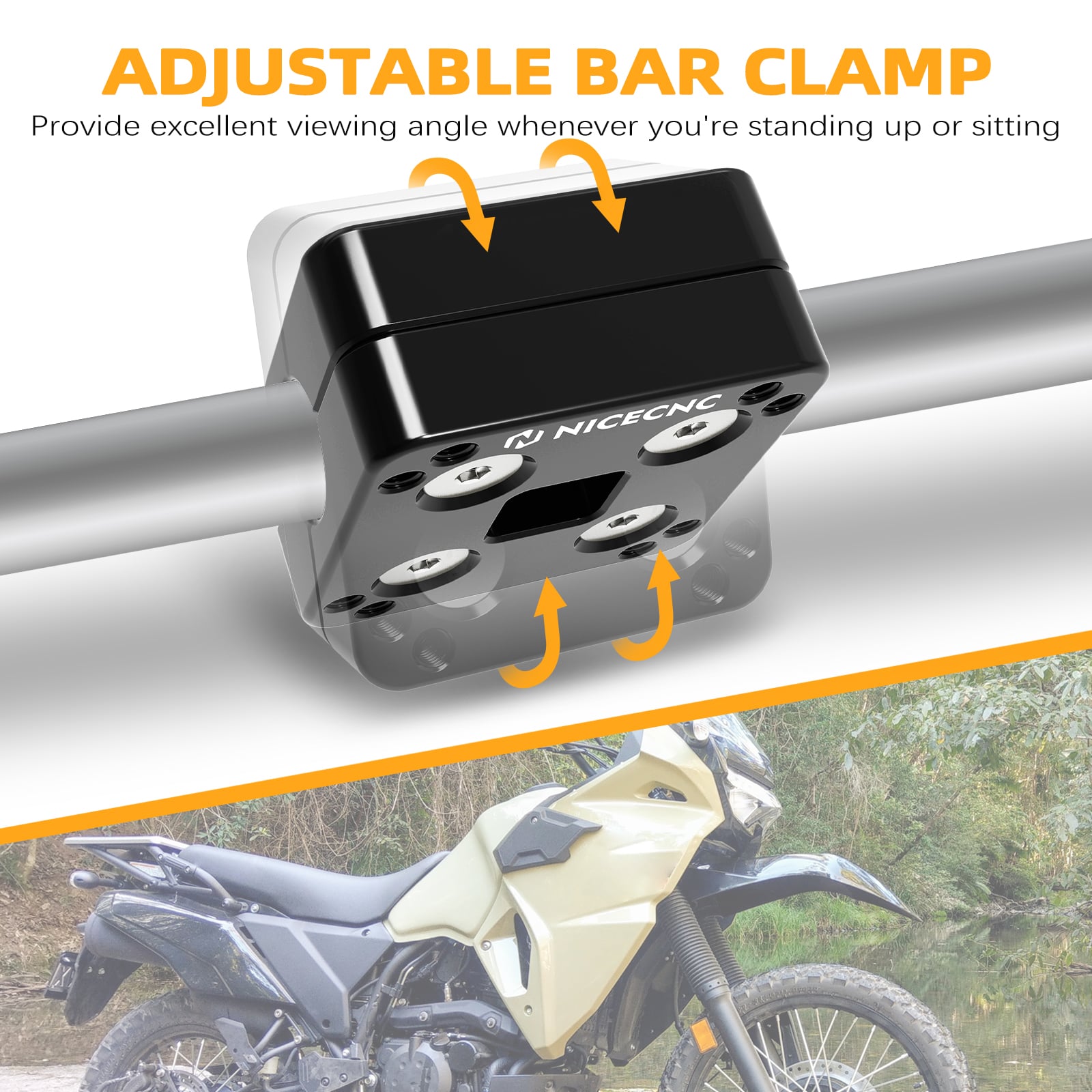 NiceCNC 14MM GPS Holder, The Adjustable Bar Clamp offers an excellent viewing angle for standing or sitting, designed for the Kawasaki KLR650 (2022-2023) model.