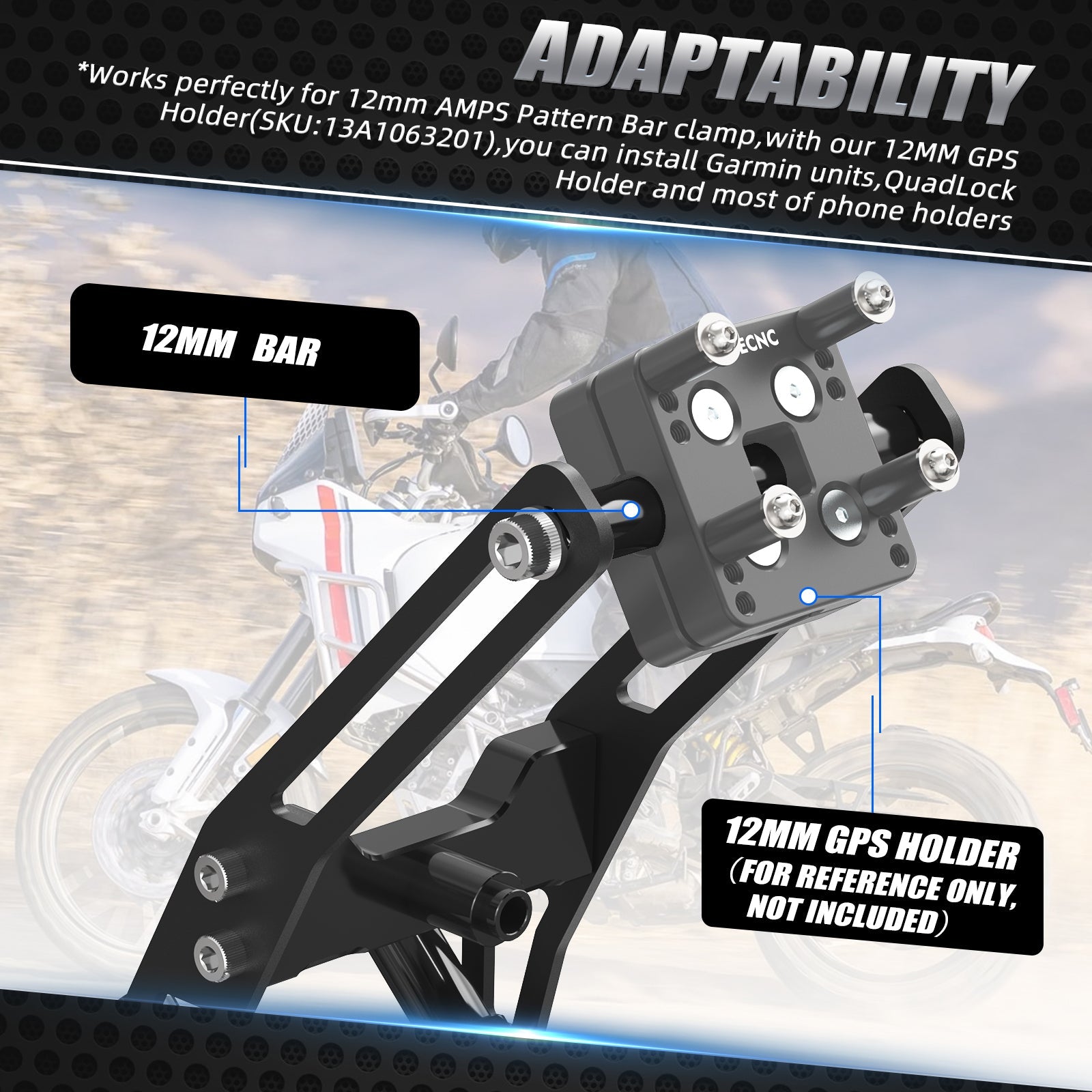 The NiceCNC Adjustable 12MM Bar GPS Mount adapts to Ducati DesertX 2022-2024 with an adjustable clamp and quad-lock phone holder compatibility.