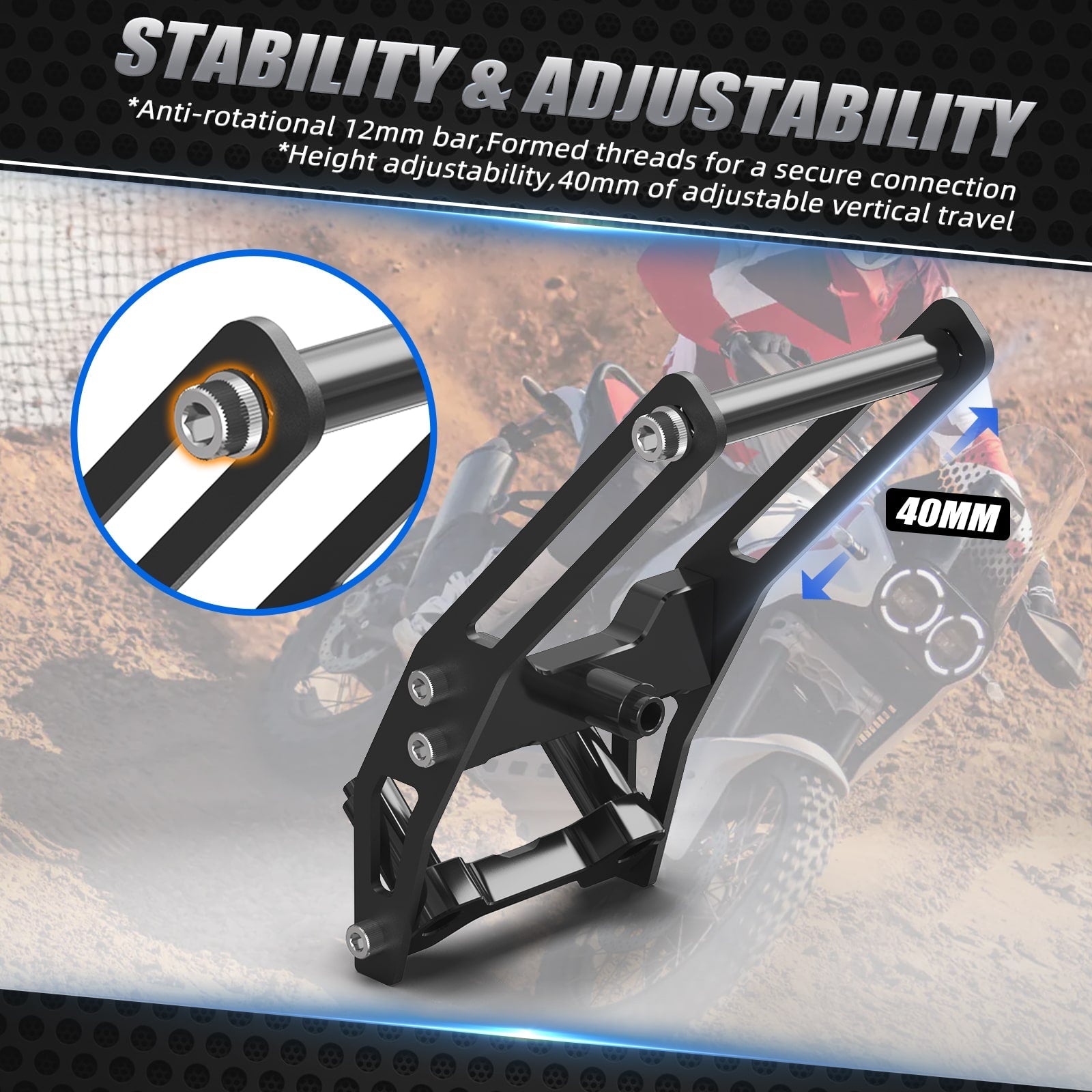 The NiceCNC Adjustable 12MM Bar GPS Mount for Ducati DesertX features stability and adjustability with 40mm height and 2mm rotational adjustments.