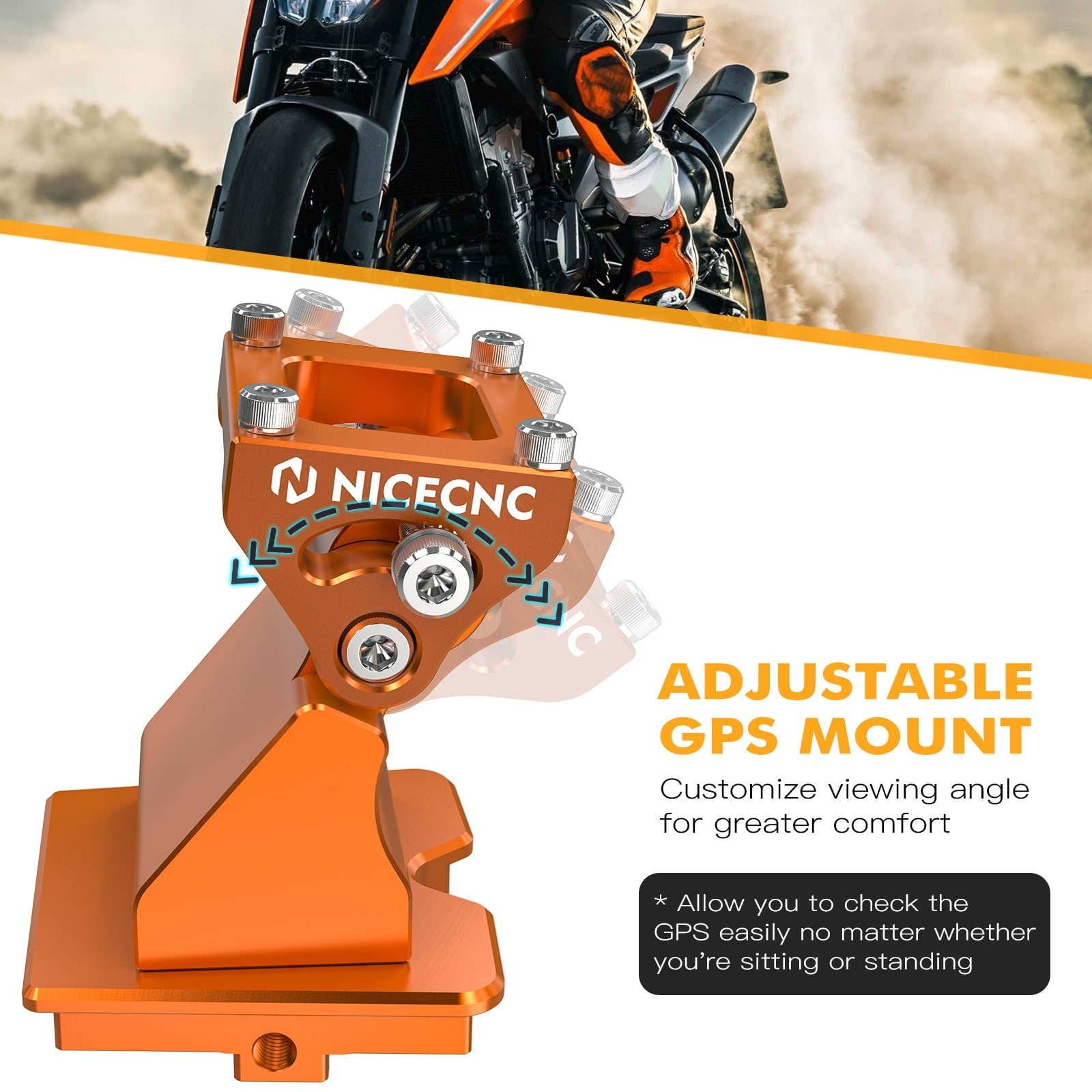 The NiceCNC GPS Mount Holder Stand for Husqvarna Norden 901 offers adjustable viewing angles for comfortable use while riding or standing.