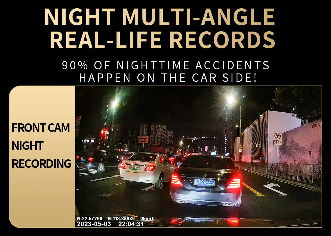 Nighttime accidents often occur on car sides; front camera captures clear videos at night.