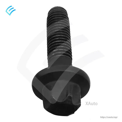 Close-up of flange hex head on black threaded bolt, XAuto watermark