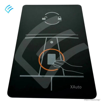 Tesla key card rear diagram with hand tapping card at console target area, XAuto watermark