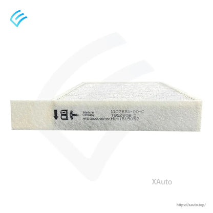 Filter frame label with airflow arrow and part number 1107681-00-C on Tesla cabin filter