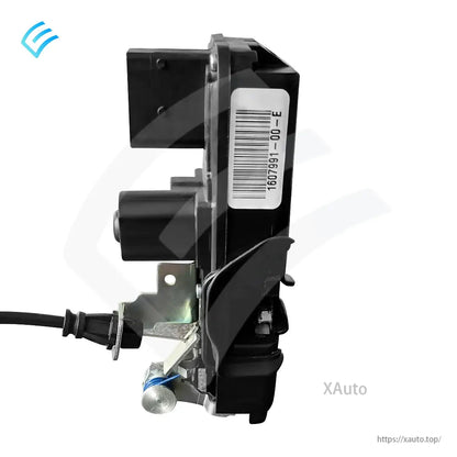 Side profile of door latch unit showing mounting bracket, cable entry, and part label 1607991-00-E