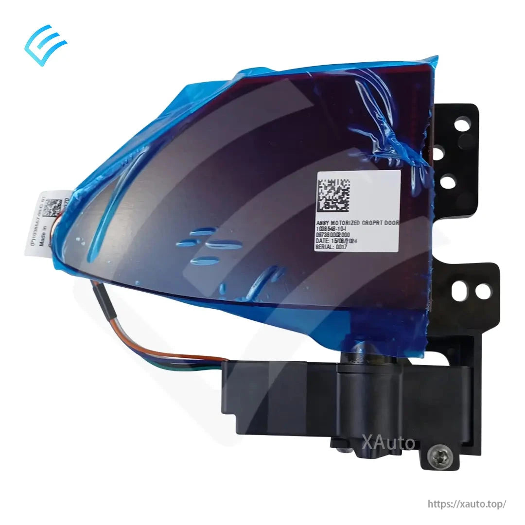 Side view of motorized charge port door assembly with blue protective film and QR-code identification label