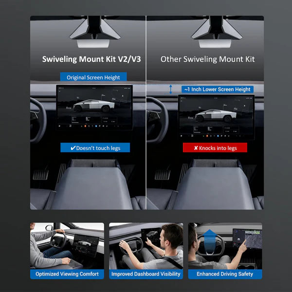 2026 Tesla Cybertruck Center Screen Swivel Rotating Mount Kit V3 – Original Screen Height | 4-Way Adjustable | Easy Installation Aluminum Console Display Bracket