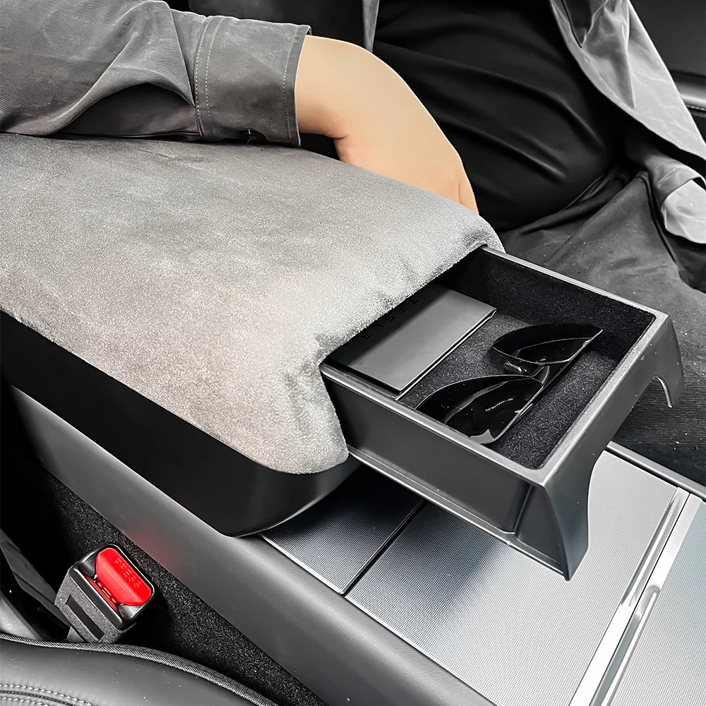 Raised Center Console Armrest Storage Box with Drawer for Tesla Model Y Juniper 2025+ & Tesla Model 3 Highland 2024–2026+ | Ergonomic Armrest Riser Organizer with Hidden Storage