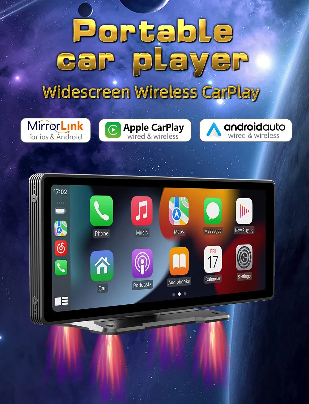 Portable car player with widescreen display, wireless connectivity for Apple CarPlay and Android Auto, compatible with iOS and Android devices.