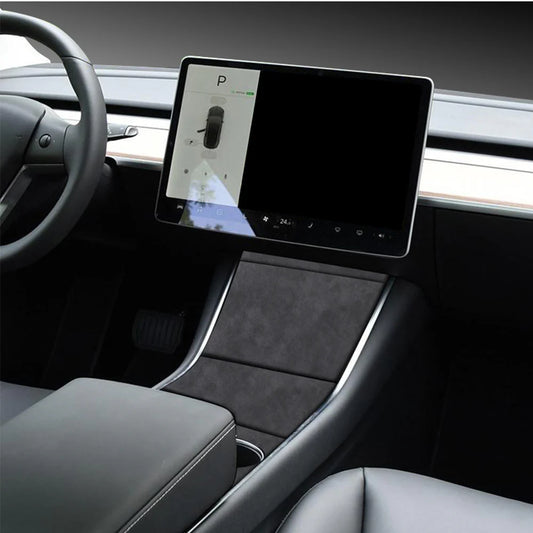 Premium Real Alcantara Center Console Wrap Cover for 2017–2020 Tesla Model 3 Interior – Custom Suede Console Protector Kit with Anti-Fingerprint Matte Finish