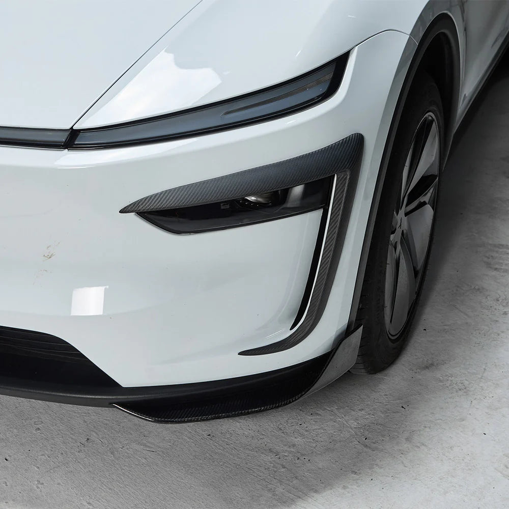 Real Carbon Fiber Front Lip Splitters for 2025+ Tesla Model Y Juniper (March 2025-Up) – Aerodynamic Front Bumper Side Canards Body Kit Upgrade | Gloss Carbon Fiber Exterior Styling Trim