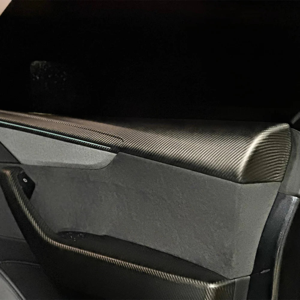 Real Dry Carbon Fiber Door Panel Trim Covers for 2026+ Tesla Model Y Juniper – Front & Rear Interior Upper Door Garnish with OEM Ambient Light Compatibility, 2x2 Twill & 1x1 Plain Weave Finish