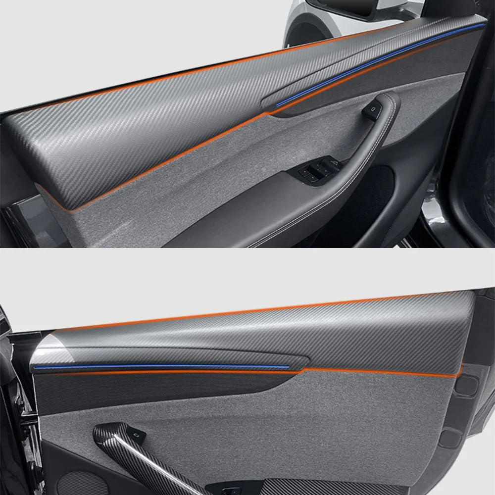 Real Dry Carbon Fiber Door Panel Trim Covers for 2026+ Tesla Model Y Juniper – Front & Rear Interior Upper Door Garnish with OEM Ambient Light Compatibility, 2x2 Twill & 1x1 Plain Weave Finish