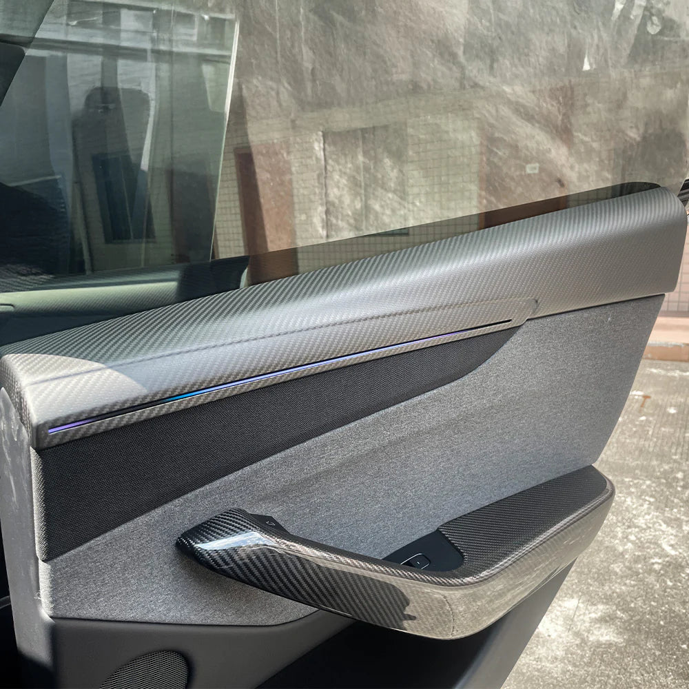 Real Dry Carbon Fiber Door Panel Trim Covers for 2026+ Tesla Model Y Juniper – Front & Rear Interior Upper Door Garnish with OEM Ambient Light Compatibility, 2x2 Twill & 1x1 Plain Weave Finish