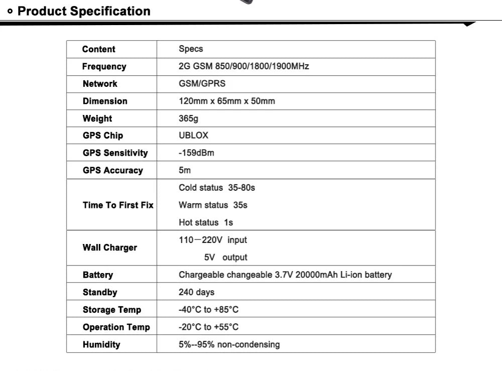 Product specification for GPS device with GSM/IGPRS network, U-BLOX GPS chip, and dimensions of 120mm x 65mm x 50mm.