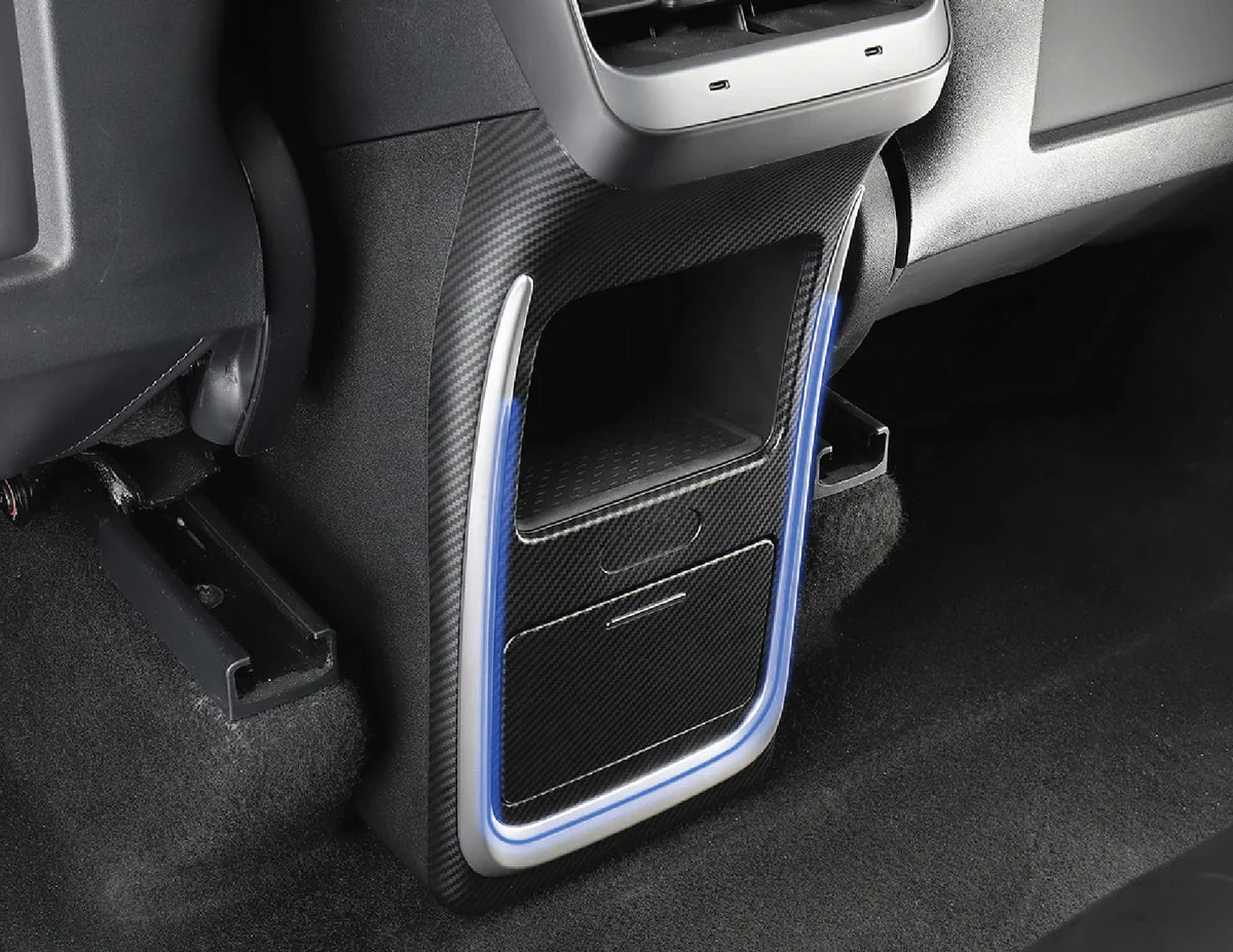 2nd Row Armrest Storage Organizer with Hidden Cup Holder & LED Light for Tesla Model Y (2020–2024)