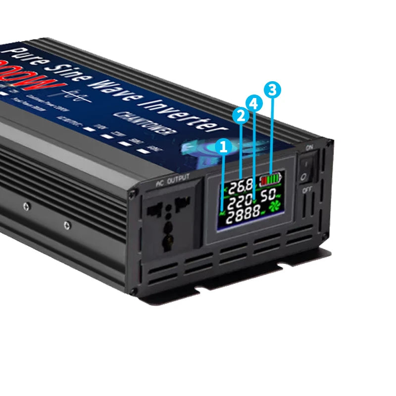 Pure Sine Wave Inverter, An inverter with specifications: 2200W continuous power and 1100W peak power.