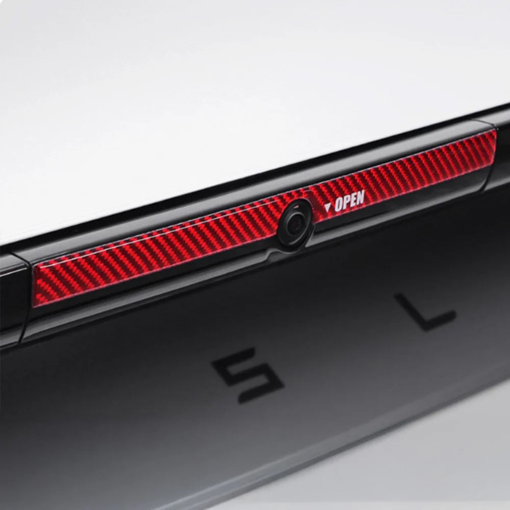 Real Carbon Fiber Rear Trunk Button Accent Sticker Cover for Tesla Model Y Juniper 2026+ – Custom Tailgate Button Trim in Black, Red & White