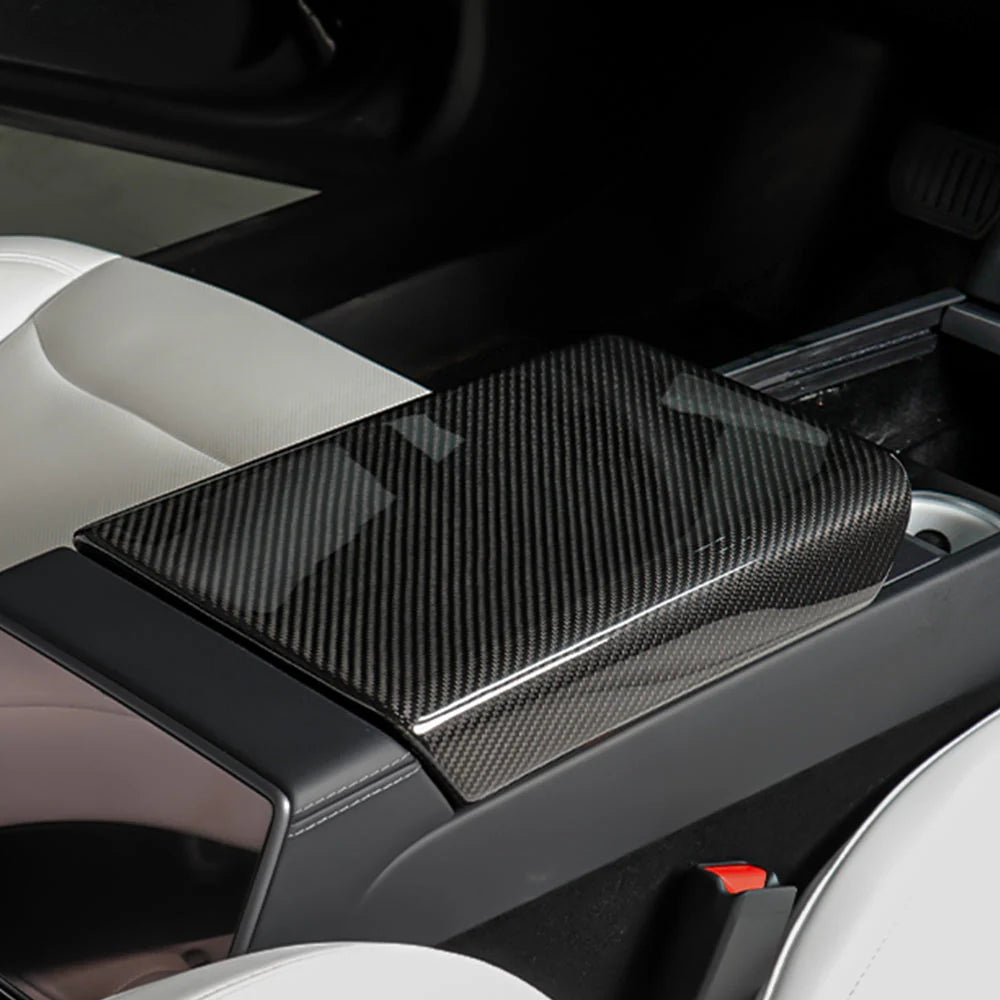 Genuine Real Carbon Fiber Armrest Cover Overlay for Tesla Model Y Juniper 2025+ | OEM-Fit Center Console Armrest Protector in Glossy or Matte Finish | 2x2 Twill & Plain Weave Options