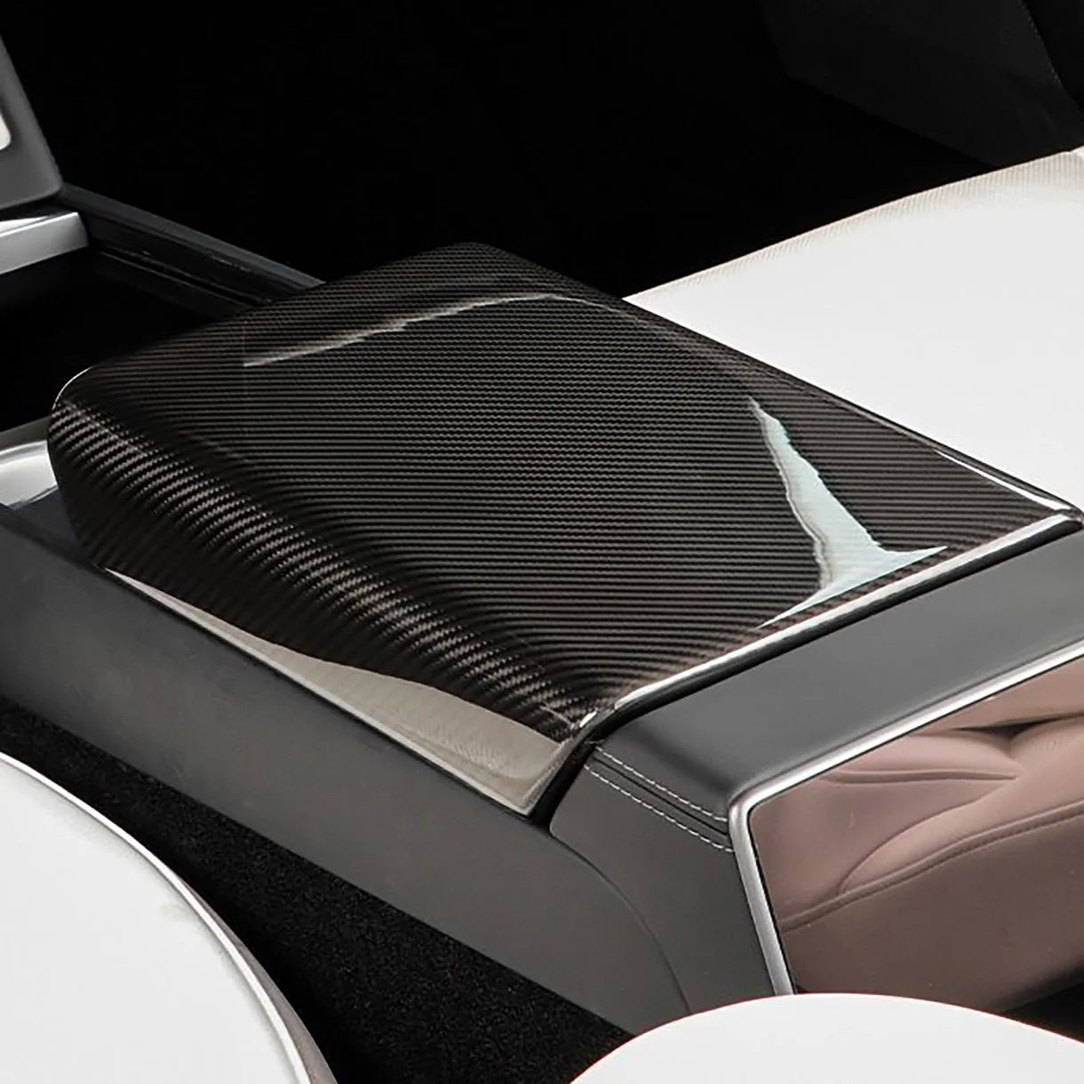 Genuine Real Carbon Fiber Armrest Cover Overlay for Tesla Model Y Juniper 2025+ | OEM-Fit Center Console Armrest Protector in Glossy or Matte Finish | 2x2 Twill & Plain Weave Options