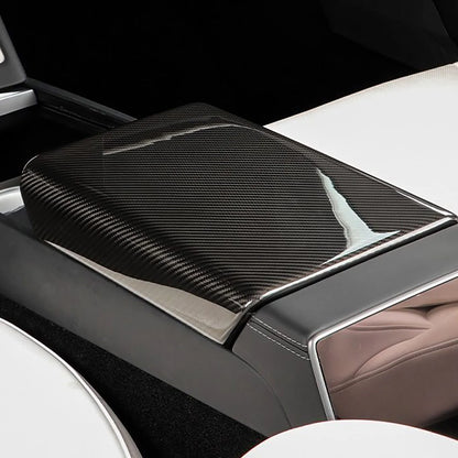 Genuine Real Carbon Fiber Armrest Cover Overlay for Tesla Model Y Juniper 2025+ | OEM-Fit Center Console Armrest Protector in Glossy or Matte Finish | 2x2 Twill & Plain Weave Options