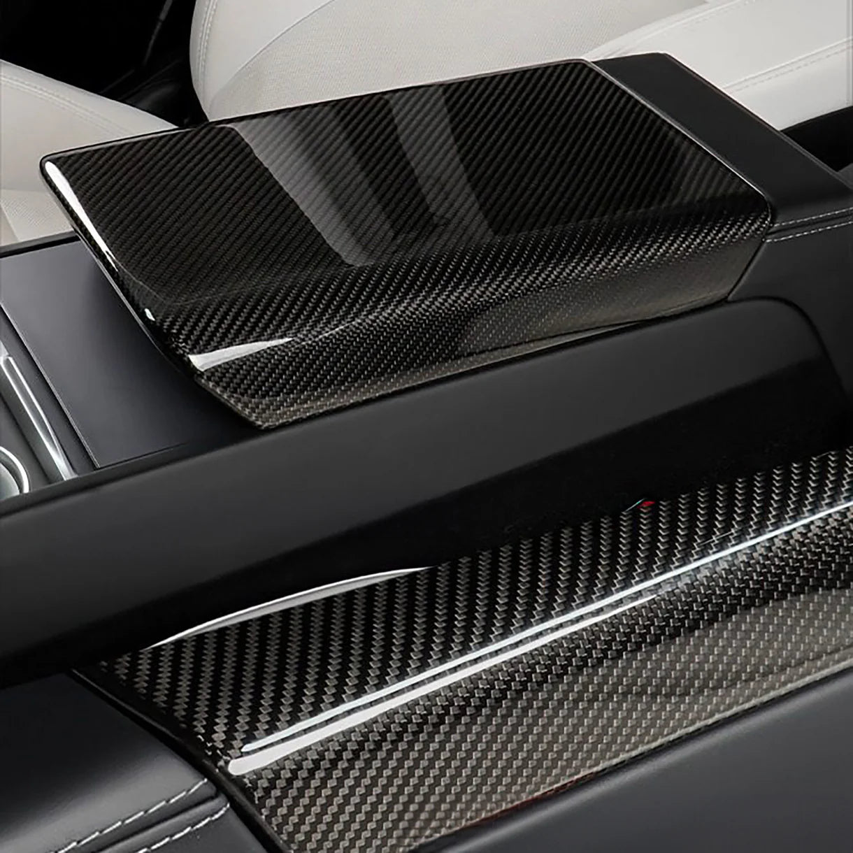 Genuine Real Carbon Fiber Armrest Cover Overlay for Tesla Model Y Juniper 2025+ | OEM-Fit Center Console Armrest Protector in Glossy or Matte Finish | 2x2 Twill & Plain Weave Options