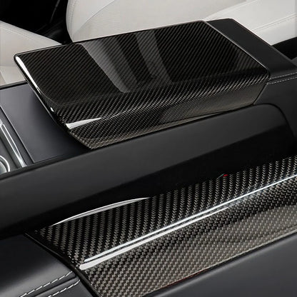 Genuine Real Carbon Fiber Armrest Cover Overlay for Tesla Model Y Juniper 2025+ | OEM-Fit Center Console Armrest Protector in Glossy or Matte Finish | 2x2 Twill & Plain Weave Options