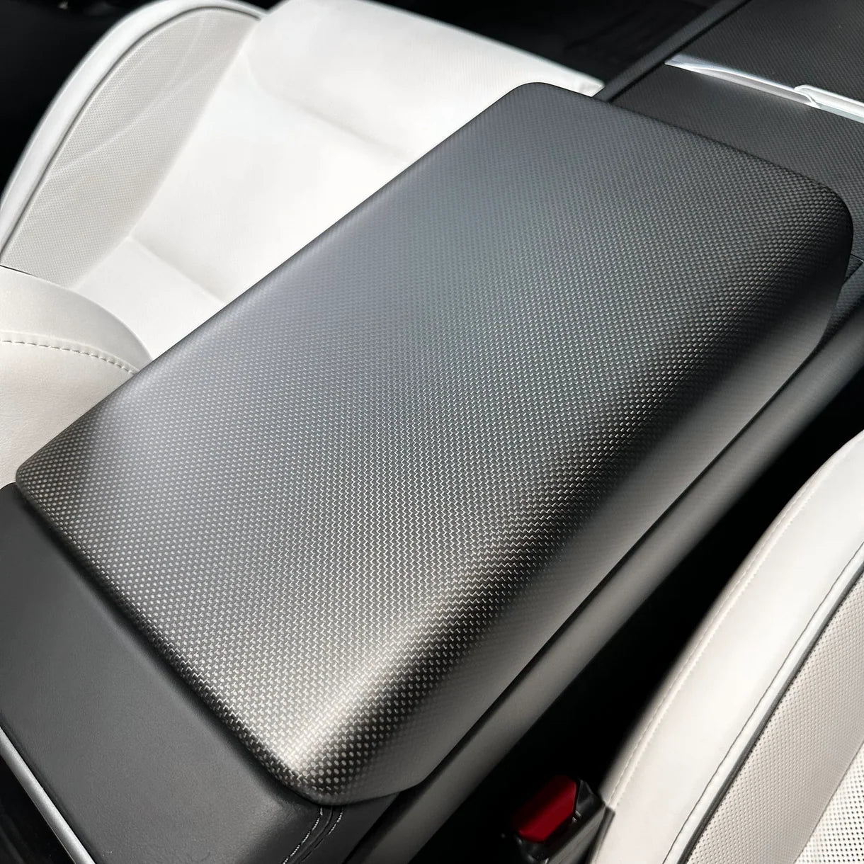 Genuine Real Carbon Fiber Armrest Cover Overlay for Tesla Model Y Juniper 2025+ | OEM-Fit Center Console Armrest Protector in Glossy or Matte Finish | 2x2 Twill & Plain Weave Options
