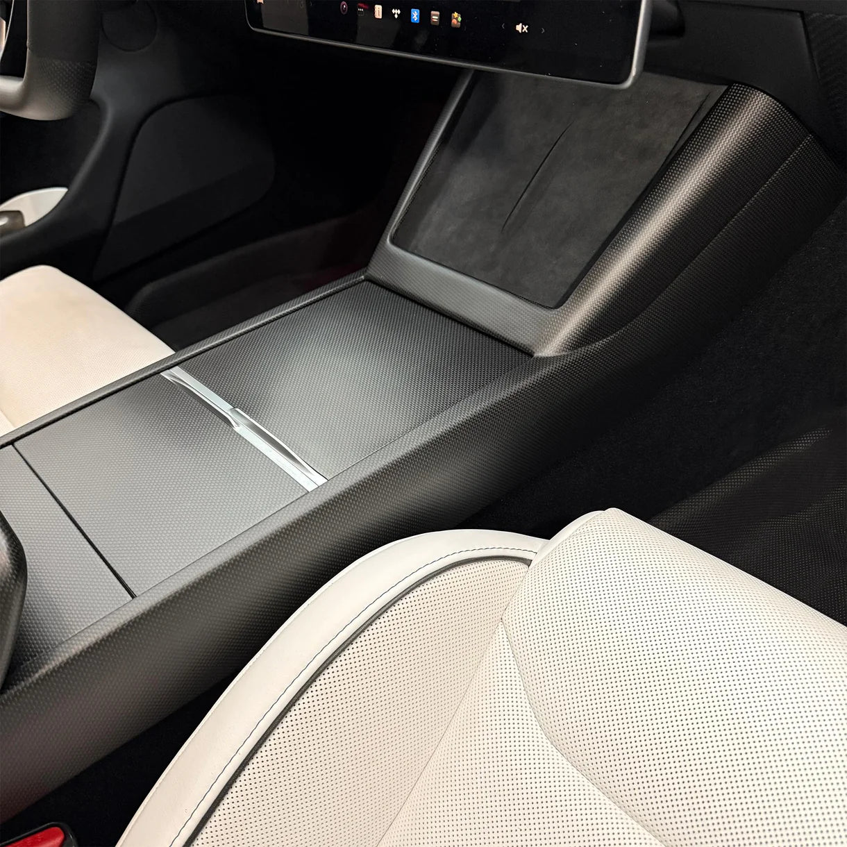 Real Carbon Fiber Center Console Side Trim Cover for 2024+ Tesla Model 3 Highland | Seamless Interior Upgrade Trim for Wireless Charging Area & Side Panel | Easy 3M Adhesive Installation
